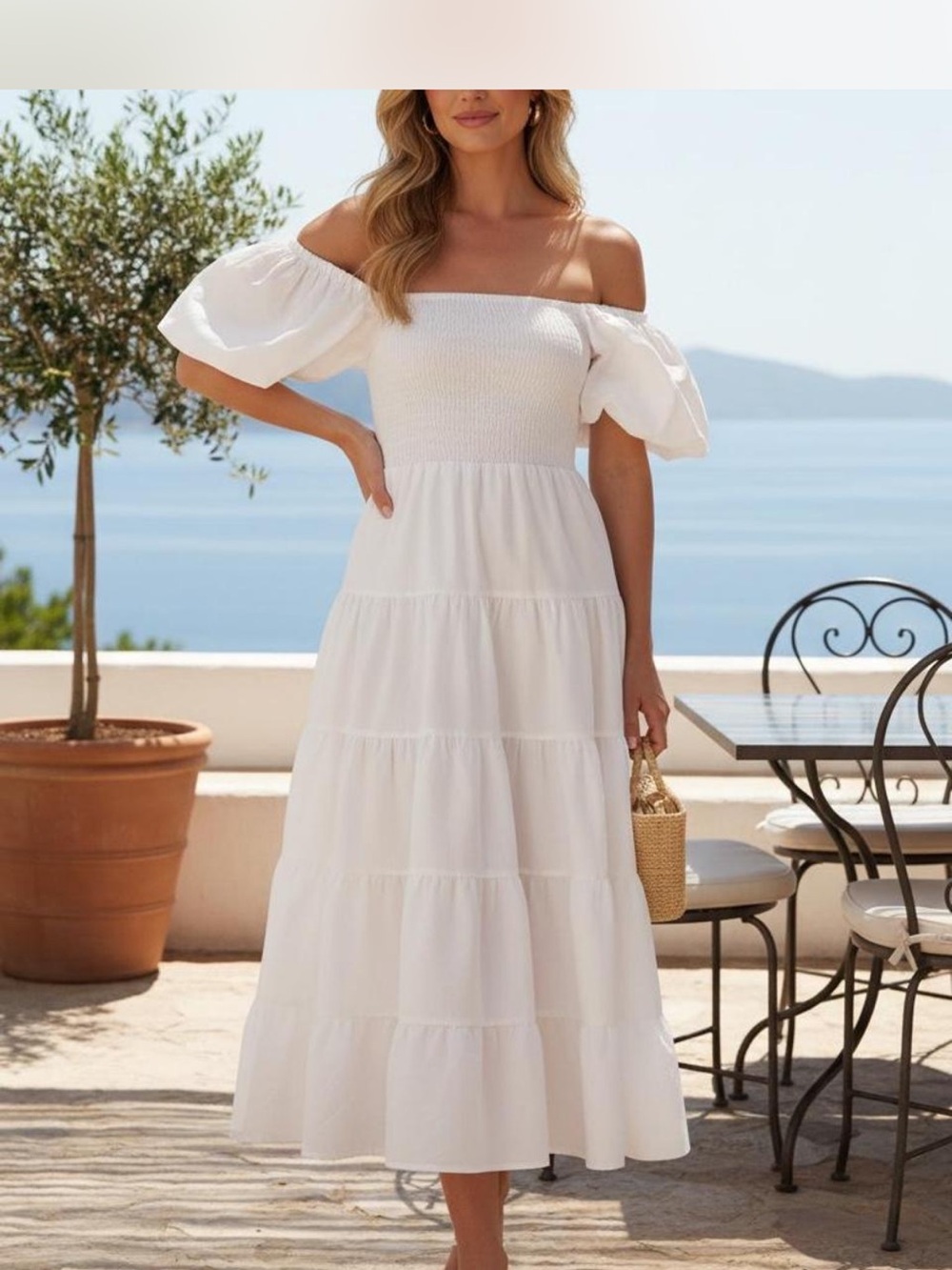 Petal & Pup White Off-Shoulder Tiered Midi Dress
